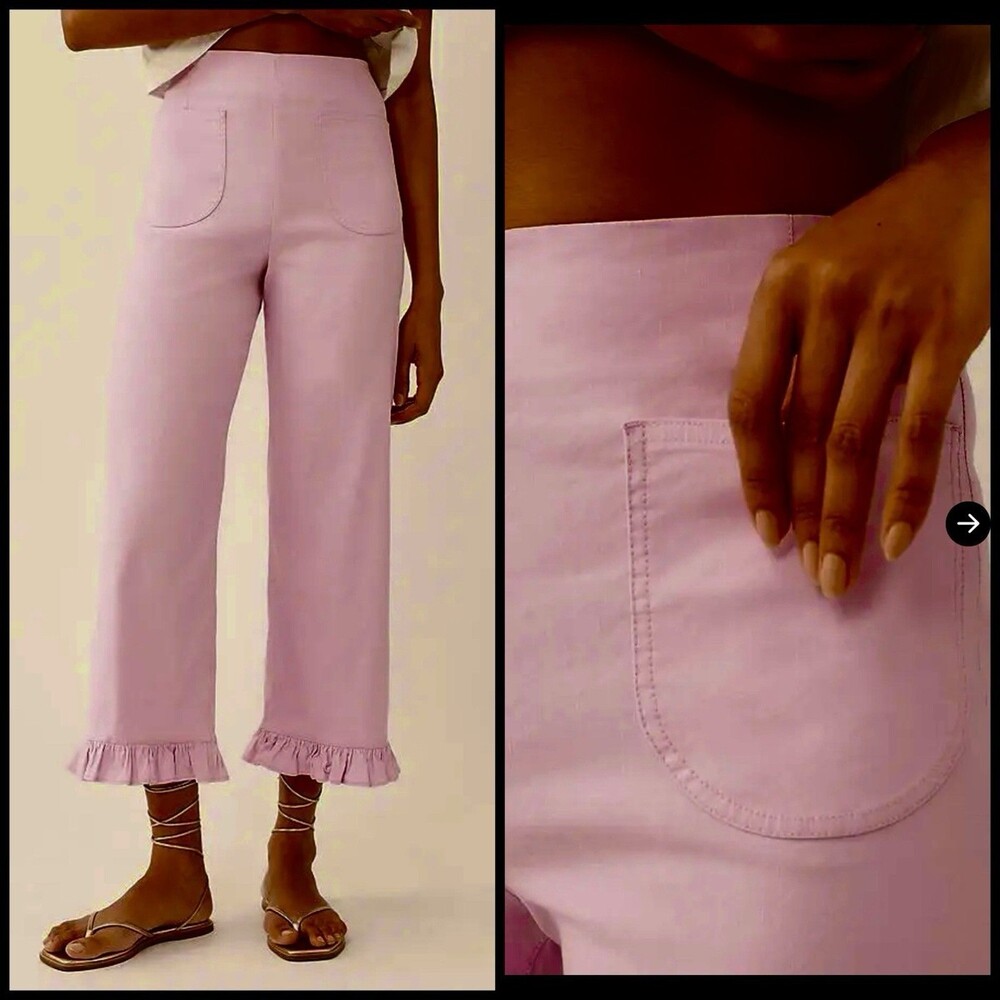 MAEVE The Colette Ruffle-Hem Wide-Leg Pants Women's 34 Lilac Pink Linen Cotton